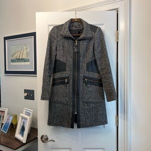 VIA SPIGA Leather and tweed embellished coat